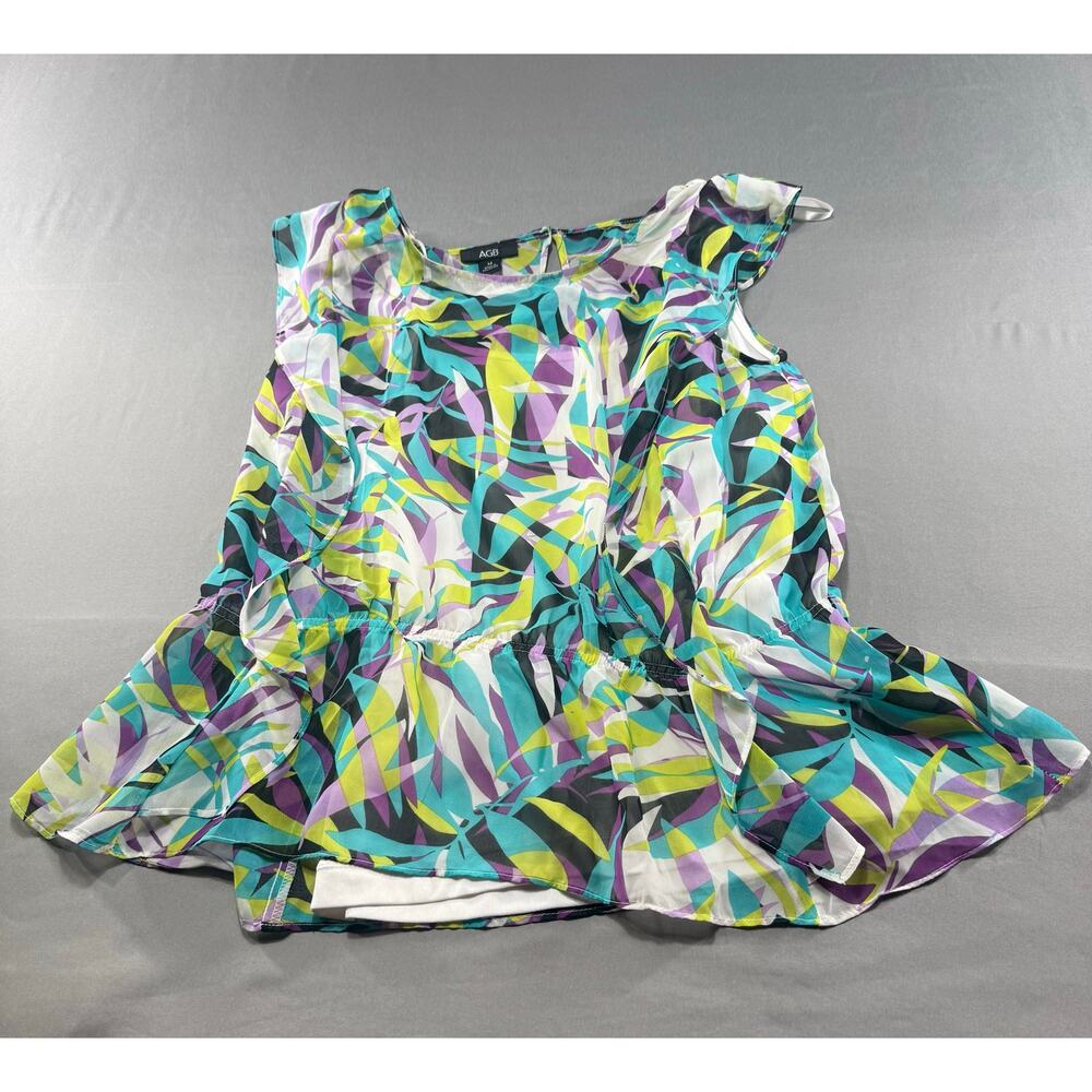 AGB Women’s Sleeveless Ruffle Front Blouse Abstract Tropical Leaf Print size M